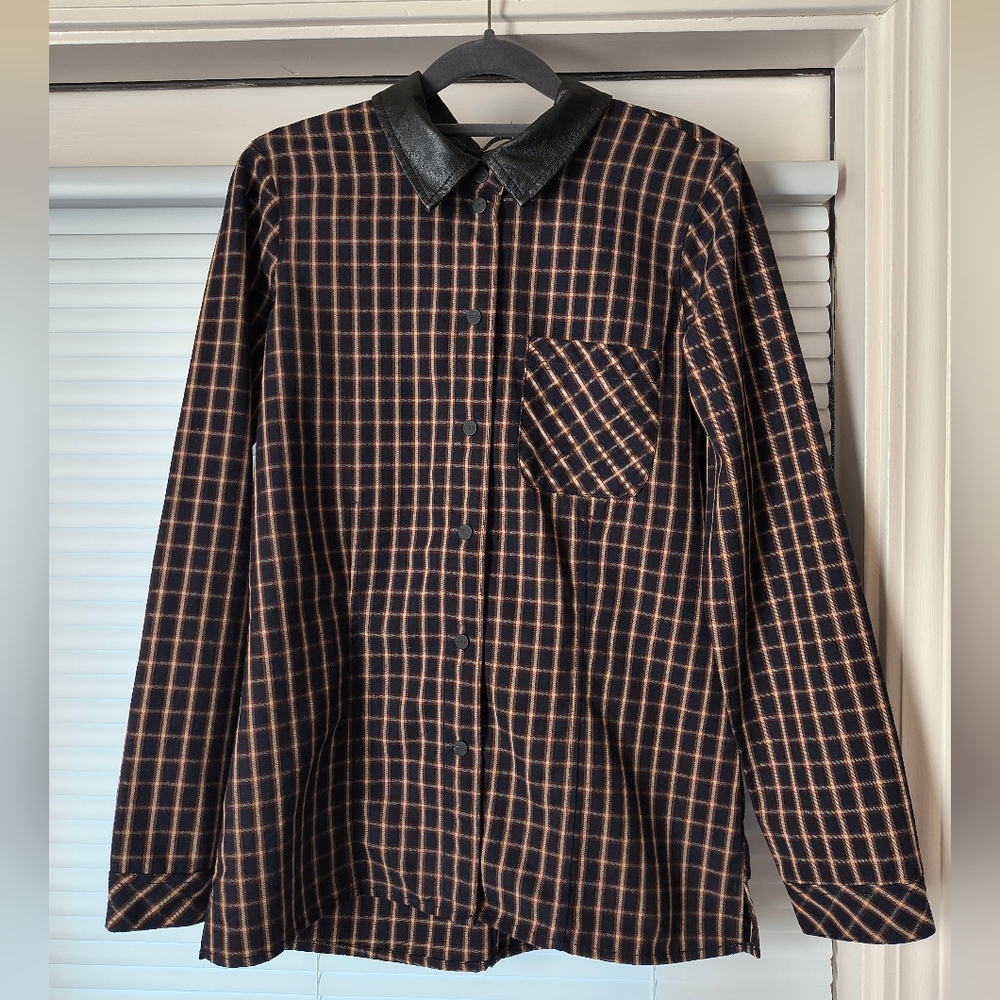 Sanctuary Plaid Snap Button Long Sleeve Top Pleather Collar Medium